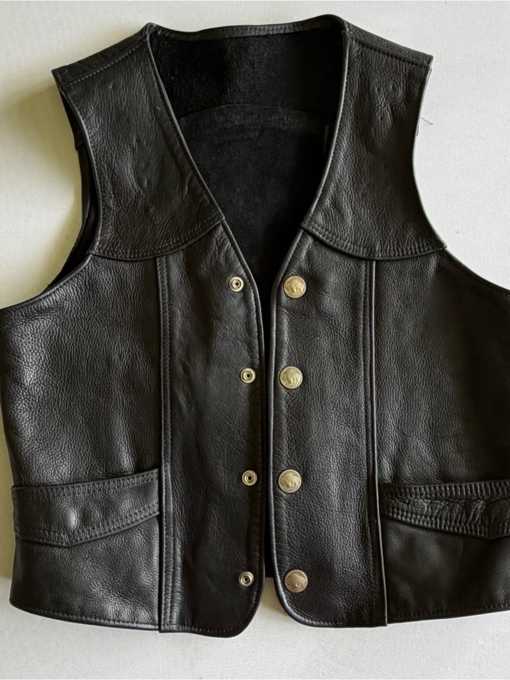 Black Leather Biker Vest Walter Dyer Men’s Large USA Buffalo Head Nickel Snaps